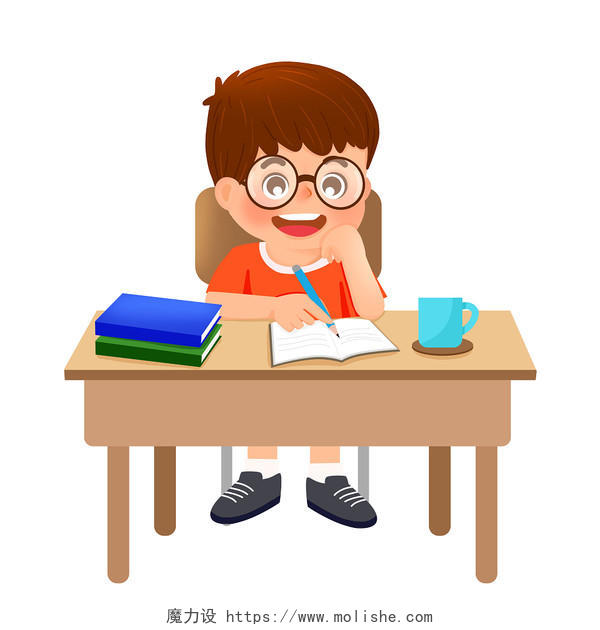一位男孩学生在书桌上做作业扁平戴眼镜的人png素材眼镜戴眼镜的人